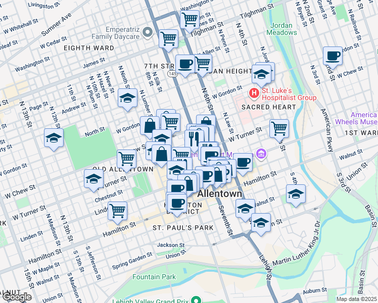 map of restaurants, bars, coffee shops, grocery stores, and more near 721 West Turner Street in Allentown