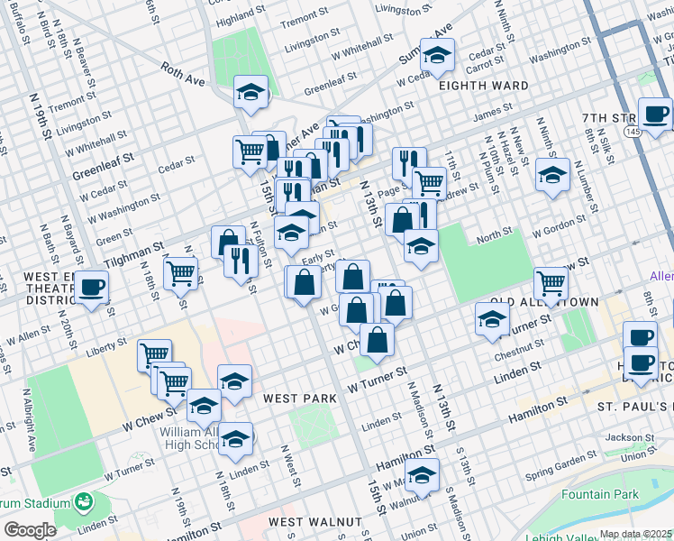 map of restaurants, bars, coffee shops, grocery stores, and more near 1352 Liberty Street in Allentown