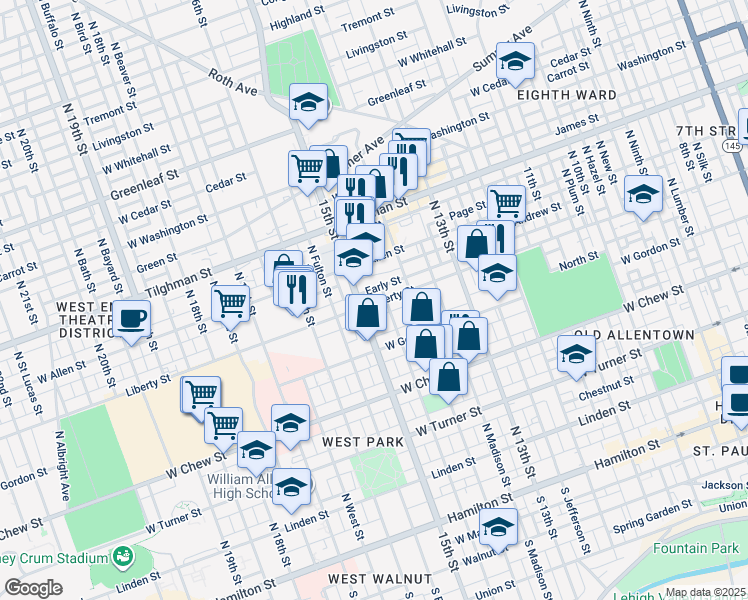 map of restaurants, bars, coffee shops, grocery stores, and more near 1429 Liberty Street in Allentown