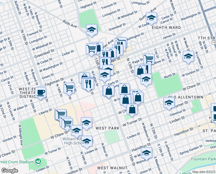 map of restaurants, bars, coffee shops, grocery stores, and more near 1429 Liberty Street in Allentown
