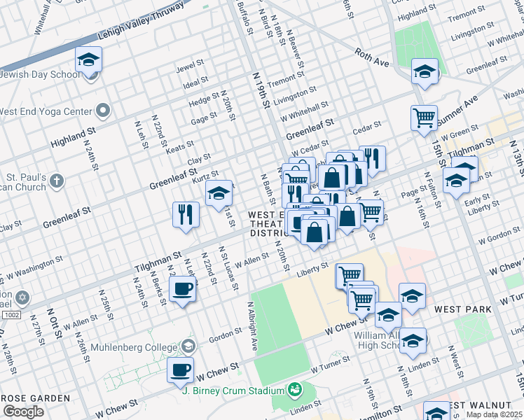 map of restaurants, bars, coffee shops, grocery stores, and more near 2014 Green Street in Allentown