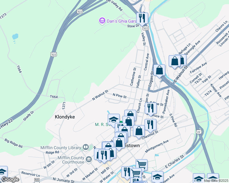 map of restaurants, bars, coffee shops, grocery stores, and more near 68 North Pine Street in Lewistown