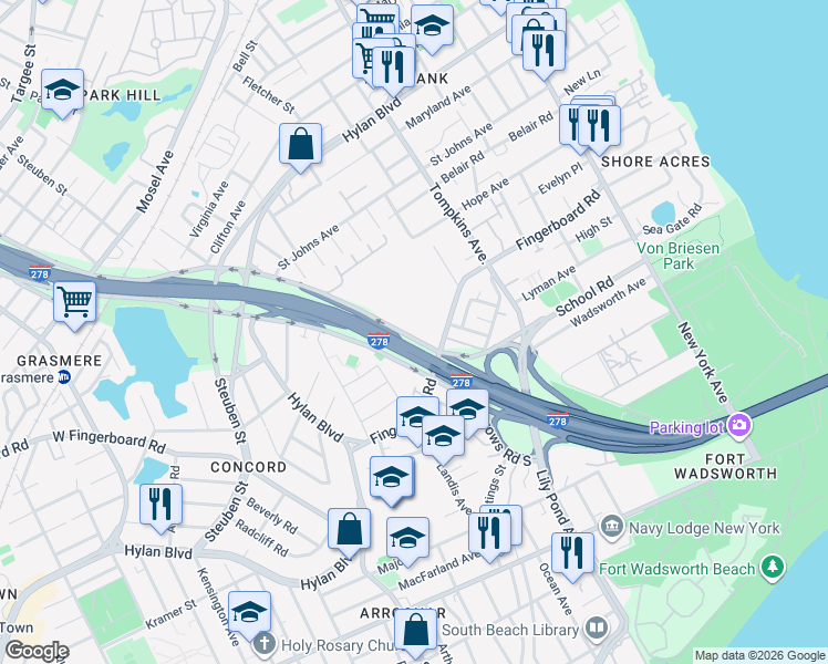 map of restaurants, bars, coffee shops, grocery stores, and more near 53 Narrows Road North in Staten Island