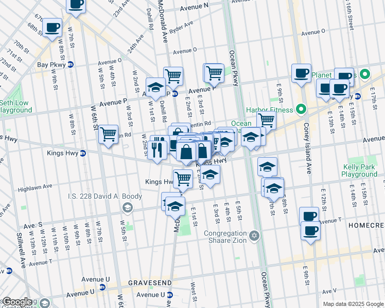 map of restaurants, bars, coffee shops, grocery stores, and more near 1824 East 2nd Street in Brooklyn