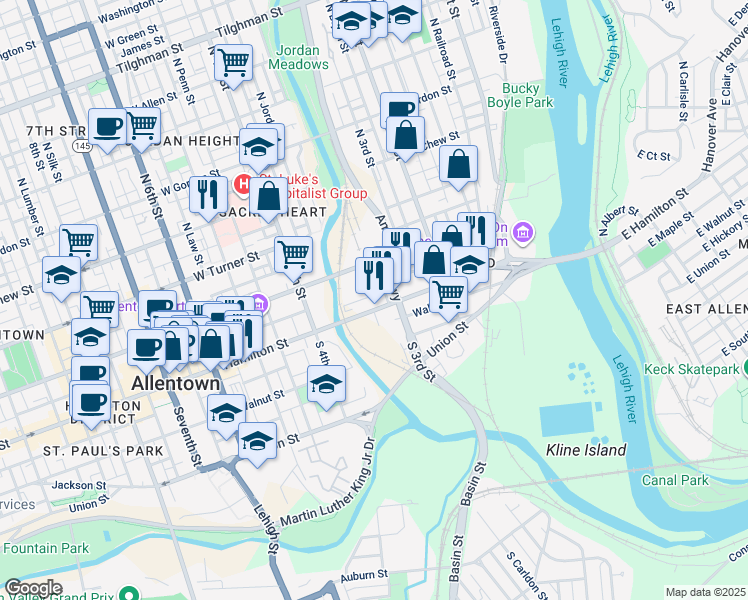 map of restaurants, bars, coffee shops, grocery stores, and more near 343 Hamilton Street in Allentown