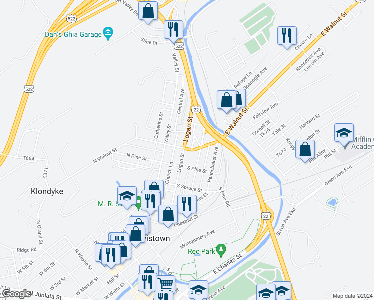 map of restaurants, bars, coffee shops, grocery stores, and more near U.S. 522 in Lewistown
