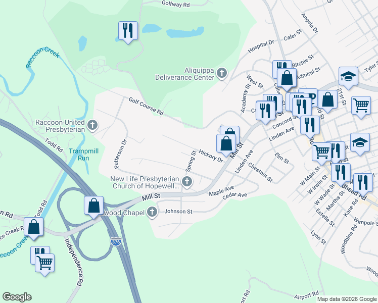 map of restaurants, bars, coffee shops, grocery stores, and more near 622 Hickory Drive in Aliquippa