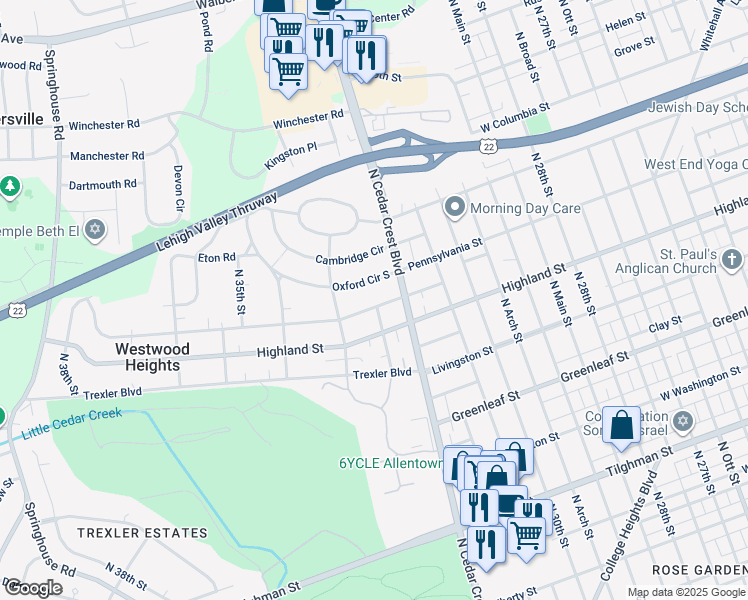 map of restaurants, bars, coffee shops, grocery stores, and more near 3133 Congress Street in Allentown