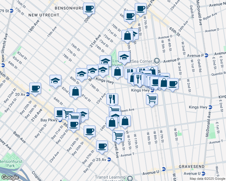map of restaurants, bars, coffee shops, grocery stores, and more near 1704 West 13th Street in Brooklyn