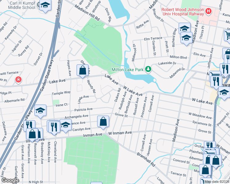 map of restaurants, bars, coffee shops, grocery stores, and more near 3 Wendy Road in Woodbridge Township