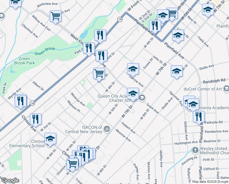 map of restaurants, bars, coffee shops, grocery stores, and more near 830 West 5th Street in Plainfield
