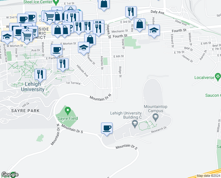 map of restaurants, bars, coffee shops, grocery stores, and more near 802 Hayes Street in Bethlehem