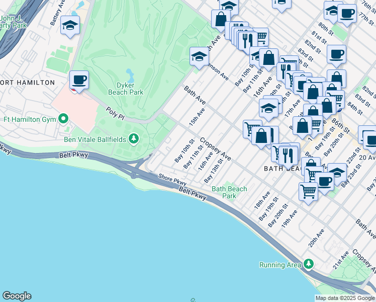 map of restaurants, bars, coffee shops, grocery stores, and more near 291 Bay 10th Street in Brooklyn