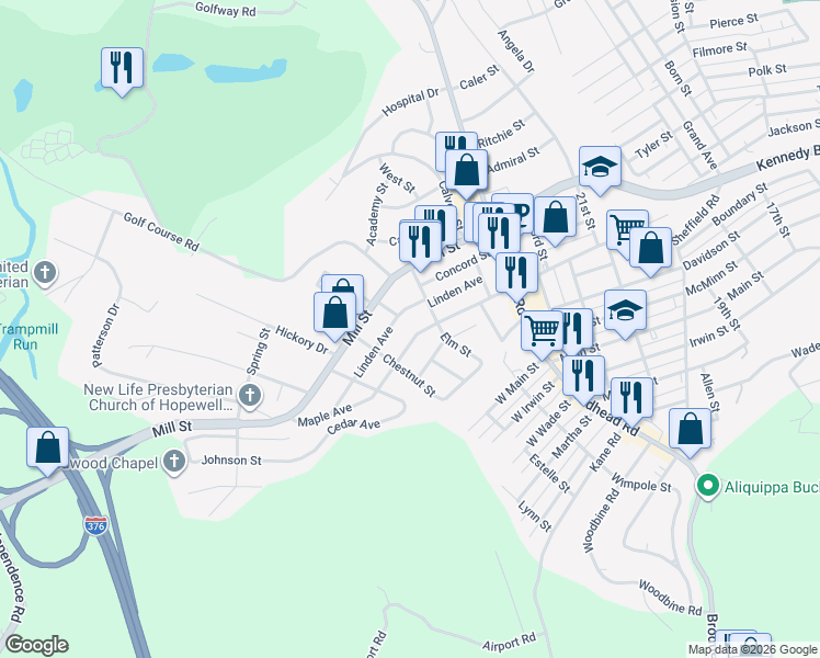 map of restaurants, bars, coffee shops, grocery stores, and more near 2406 Maple Ave in Aliquippa