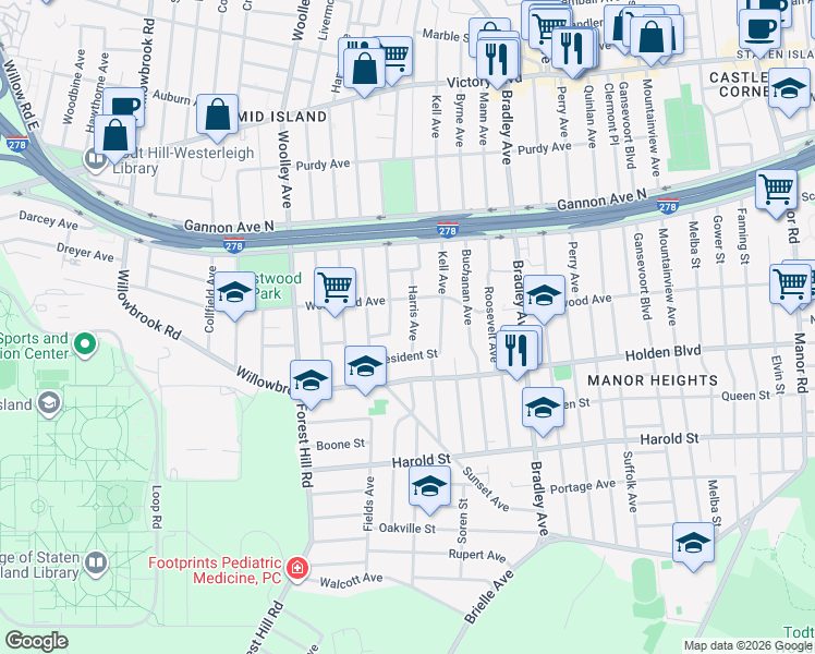 map of restaurants, bars, coffee shops, grocery stores, and more near 704 Harris Avenue in Staten Island