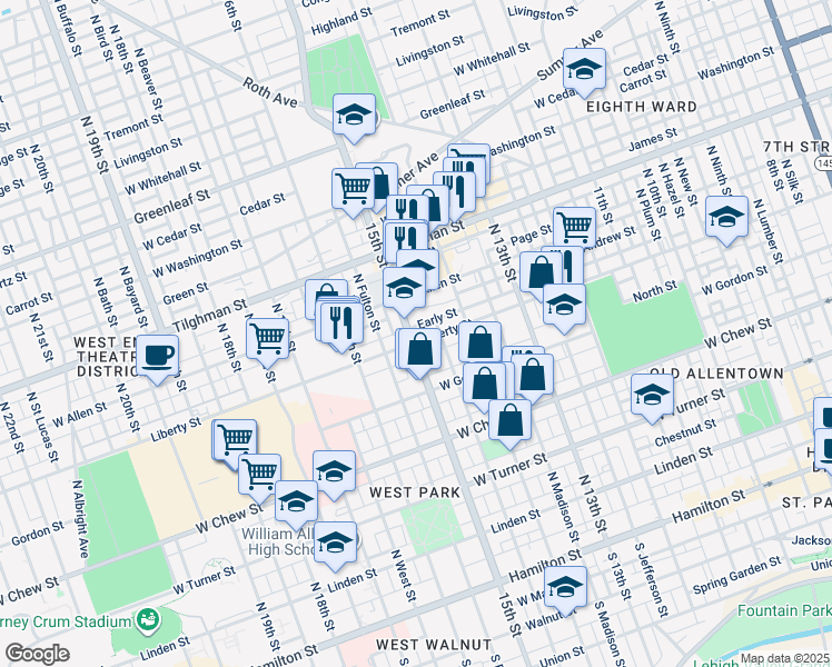 map of restaurants, bars, coffee shops, grocery stores, and more near 1429 Liberty Street in Allentown
