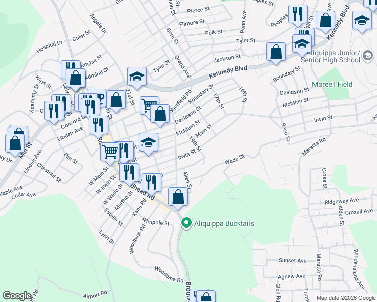 map of restaurants, bars, coffee shops, grocery stores, and more near 1912 Irwin Street in Aliquippa