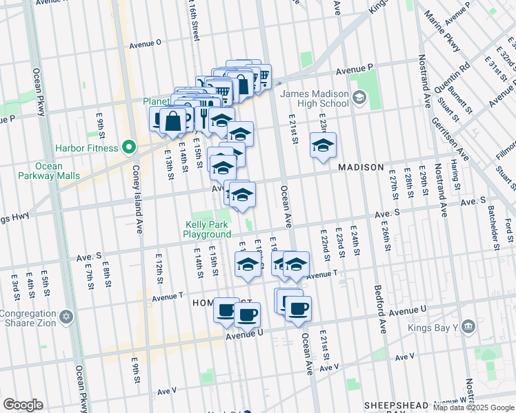 map of restaurants, bars, coffee shops, grocery stores, and more near 1845 East 18th Street in Brooklyn