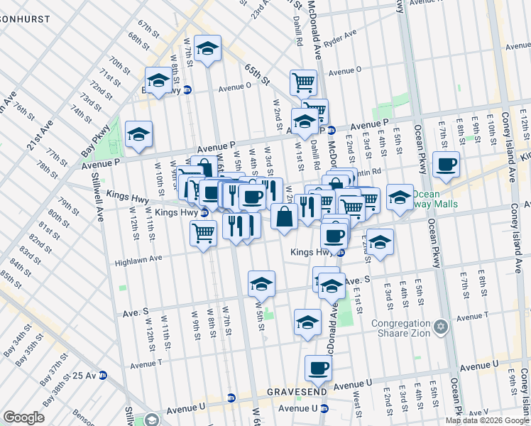 map of restaurants, bars, coffee shops, grocery stores, and more near 355 Kings Highway in Brooklyn
