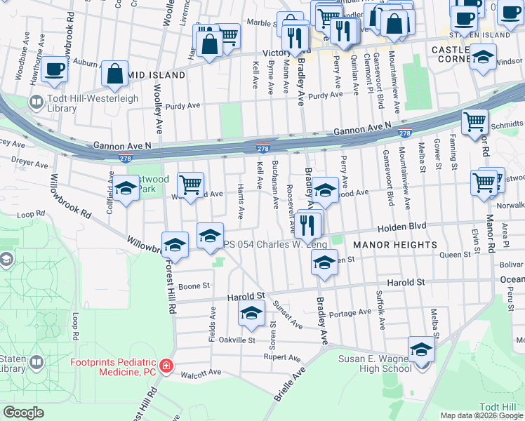 map of restaurants, bars, coffee shops, grocery stores, and more near 319 Kell Avenue in Staten Island