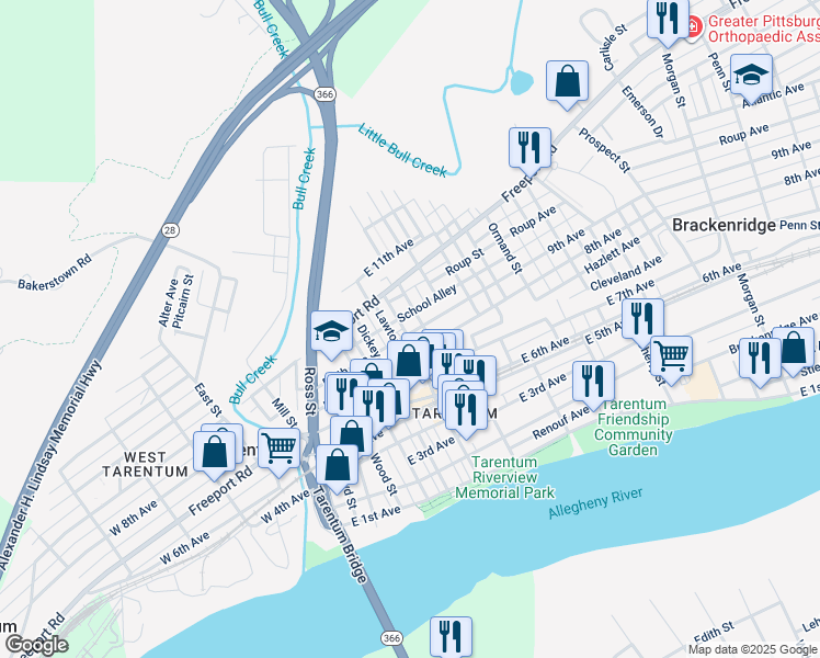 map of restaurants, bars, coffee shops, grocery stores, and more near 902 Corbet Street in Tarentum