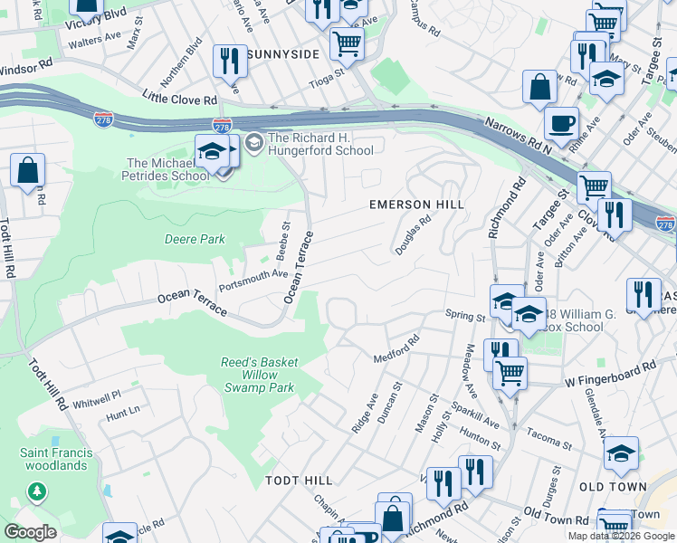 map of restaurants, bars, coffee shops, grocery stores, and more near 151 Coverly Avenue in Staten Island