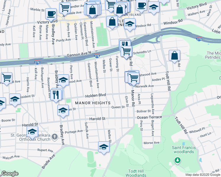map of restaurants, bars, coffee shops, grocery stores, and more near 302 Gower Street in Staten Island