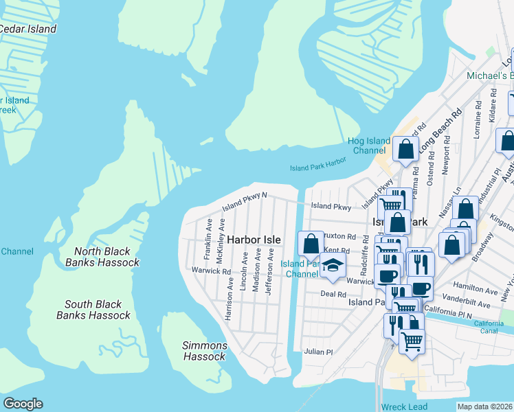 map of restaurants, bars, coffee shops, grocery stores, and more near 289 Lincoln Avenue in Island Park