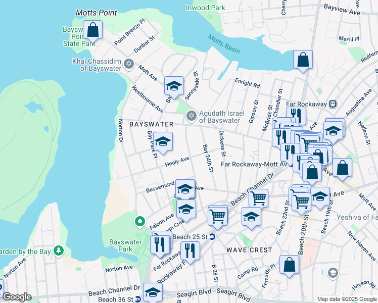 map of restaurants, bars, coffee shops, grocery stores, and more near 1111 Bay 25th Street in Queens
