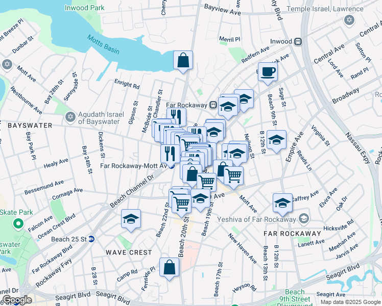 map of restaurants, bars, coffee shops, grocery stores, and more near 2017 Mott Avenue in Queens