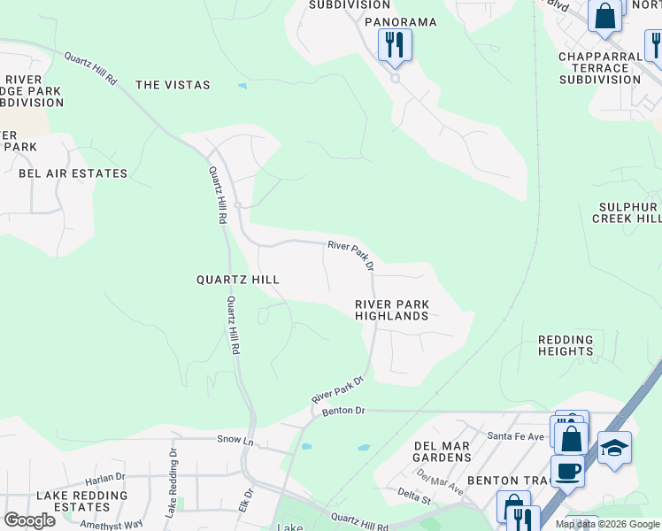 map of restaurants, bars, coffee shops, grocery stores, and more near 273 Shadowrun Court in Redding