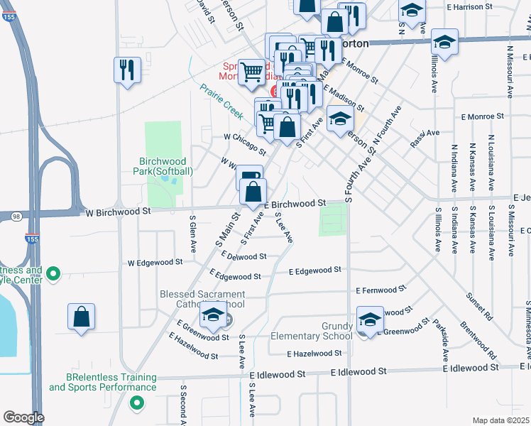 map of restaurants, bars, coffee shops, grocery stores, and more near 600 South First Avenue in Morton