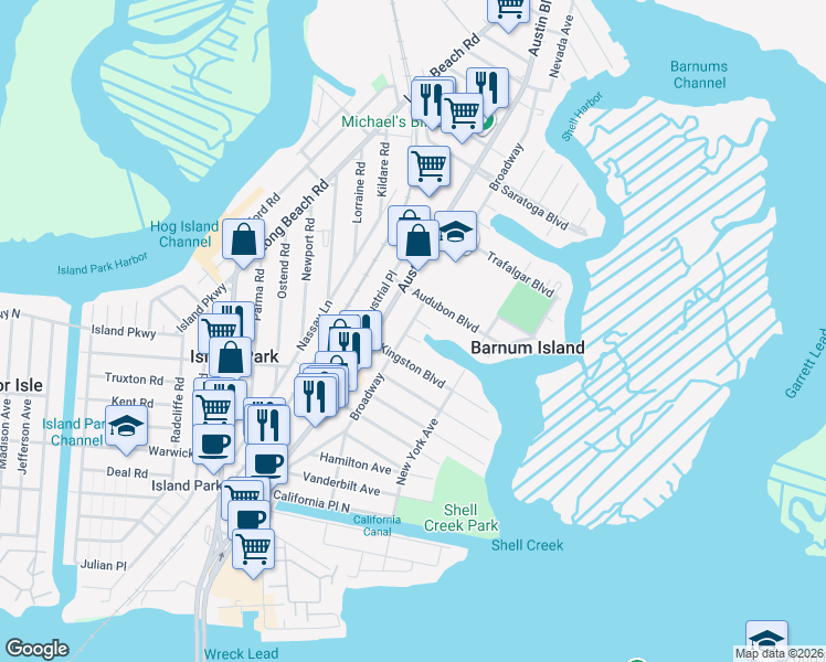 map of restaurants, bars, coffee shops, grocery stores, and more near 4271 Broadway in Island Park