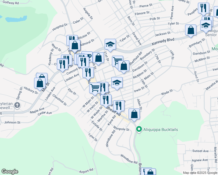map of restaurants, bars, coffee shops, grocery stores, and more near 2119 McMinn Street in Aliquippa