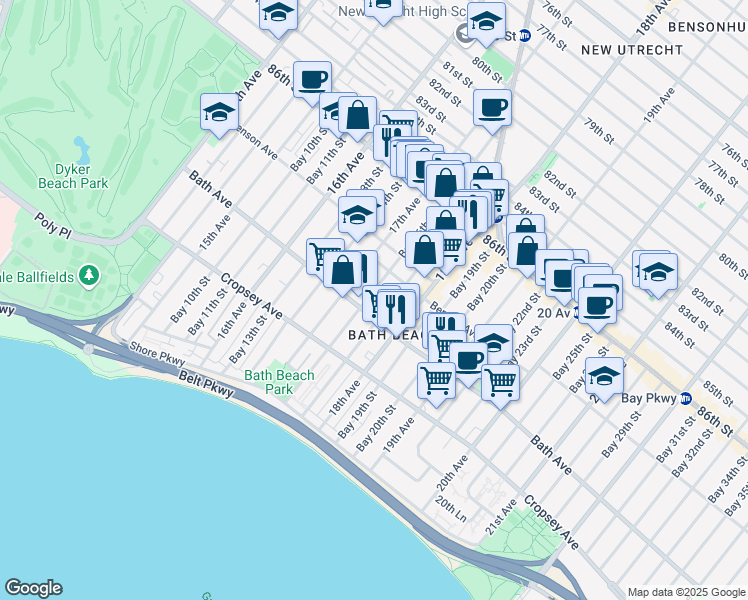 map of restaurants, bars, coffee shops, grocery stores, and more near 8753 Bay 16th Street in Brooklyn