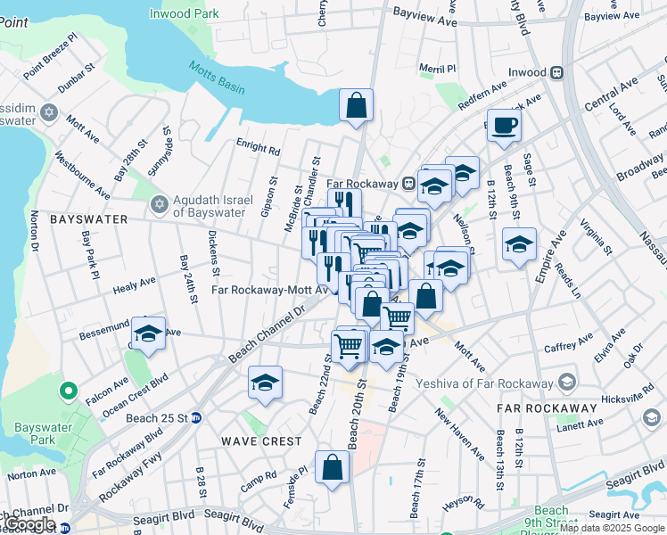 map of restaurants, bars, coffee shops, grocery stores, and more near 2141 Mott Avenue in Queens