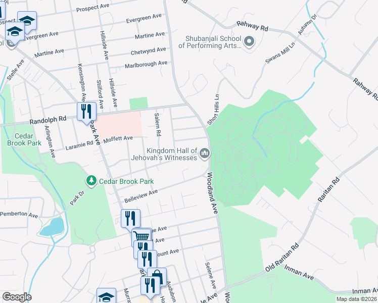 map of restaurants, bars, coffee shops, grocery stores, and more near 1451 South End Parkway in Plainfield