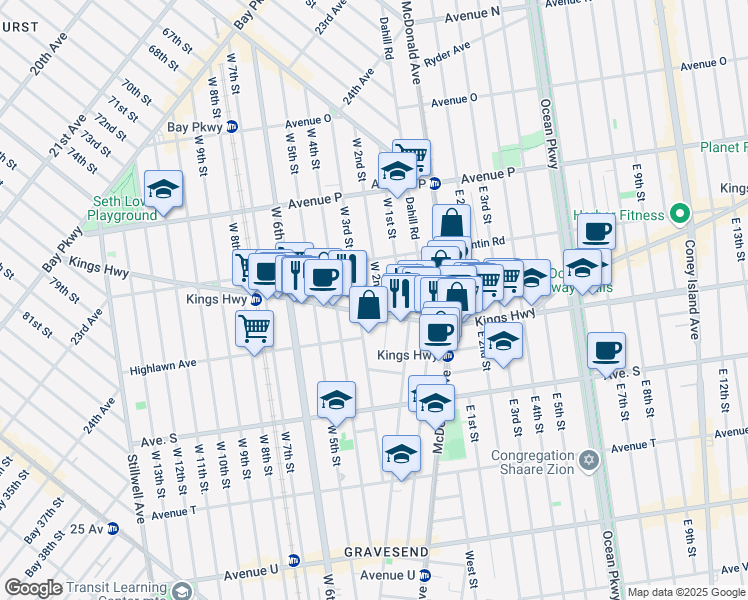 map of restaurants, bars, coffee shops, grocery stores, and more near 1752 West 2nd Street in Brooklyn