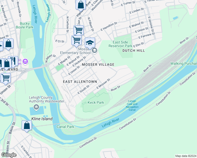 map of restaurants, bars, coffee shops, grocery stores, and more near 513 South Carlisle Street in Allentown