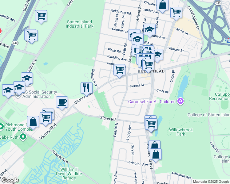 map of restaurants, bars, coffee shops, grocery stores, and more near 155 Dawson Circle in Staten Island