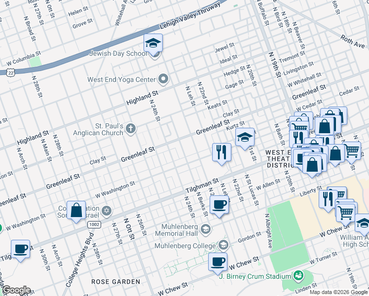 map of restaurants, bars, coffee shops, grocery stores, and more near 835 North Berks Street in Allentown