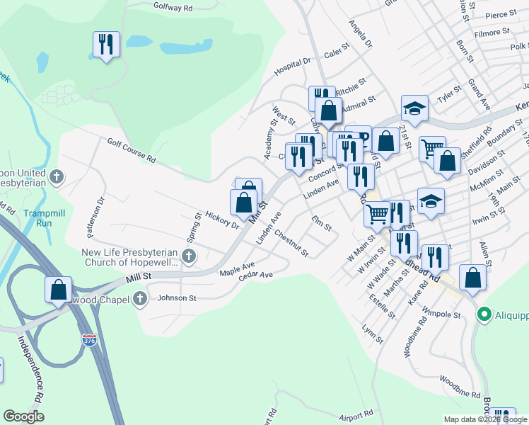 map of restaurants, bars, coffee shops, grocery stores, and more near 2459 Mill St in Aliquippa