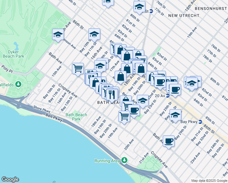 map of restaurants, bars, coffee shops, grocery stores, and more near 8730 18th Avenue in Brooklyn