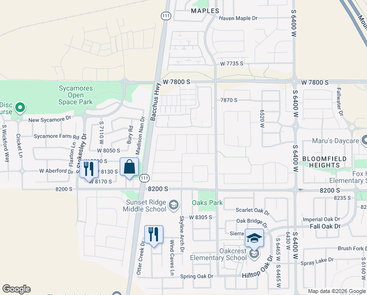 map of restaurants, bars, coffee shops, grocery stores, and more near 8032 Bettingson Drive in West Jordan