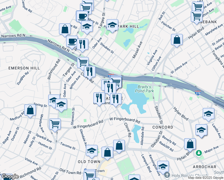 map of restaurants, bars, coffee shops, grocery stores, and more near 2053 Clove Road in Staten Island