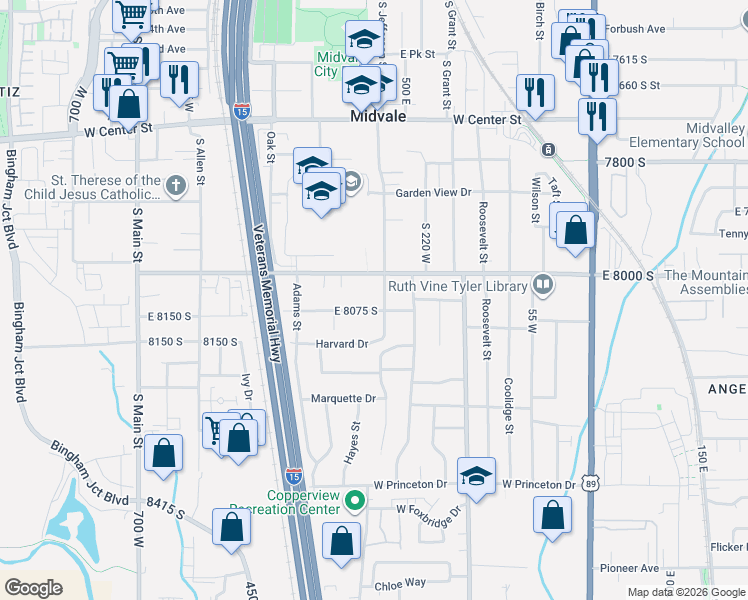 map of restaurants, bars, coffee shops, grocery stores, and more near 8038-8056 South Pioneer Street in Midvale