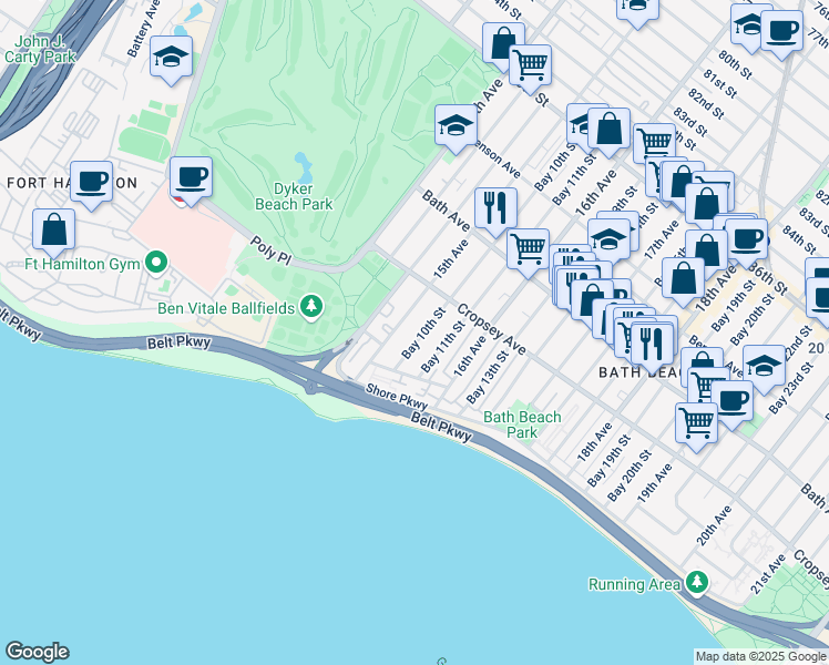 map of restaurants, bars, coffee shops, grocery stores, and more near 8921 15th Avenue in Brooklyn