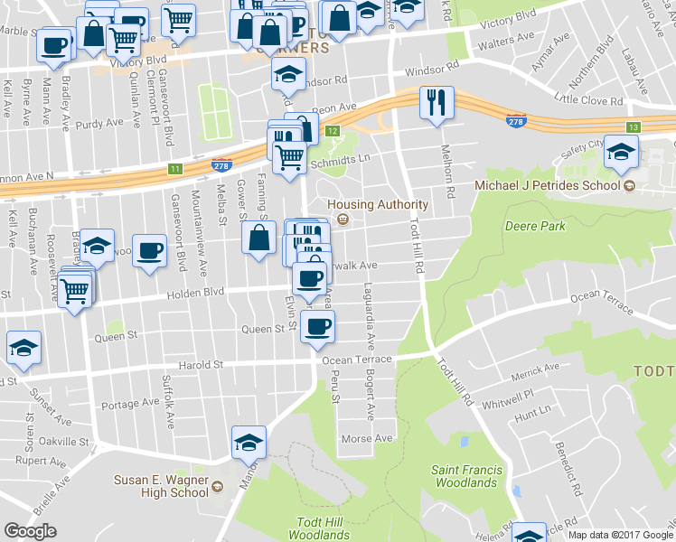 map of restaurants, bars, coffee shops, grocery stores, and more near 36 Norwalk Avenue in Staten Island
