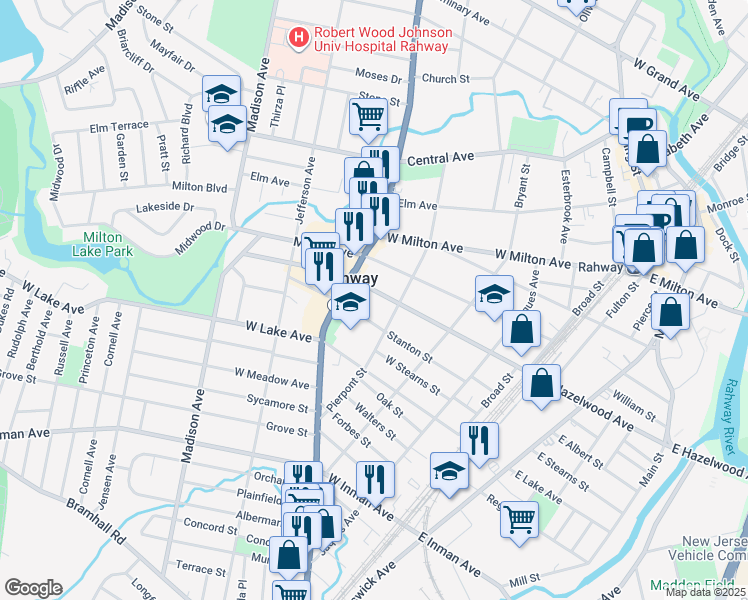 map of restaurants, bars, coffee shops, grocery stores, and more near 386 West Hazelwood Avenue in Rahway