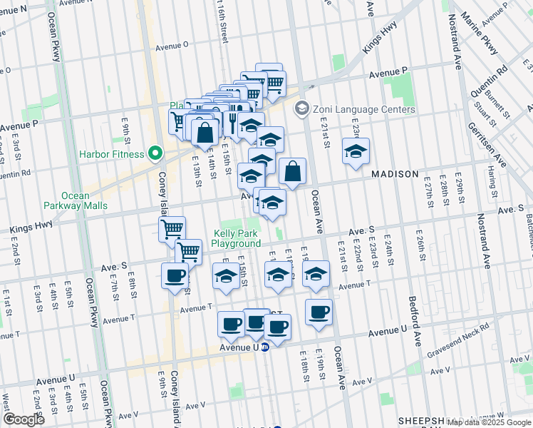 map of restaurants, bars, coffee shops, grocery stores, and more near 1875 East 17th Street in Brooklyn